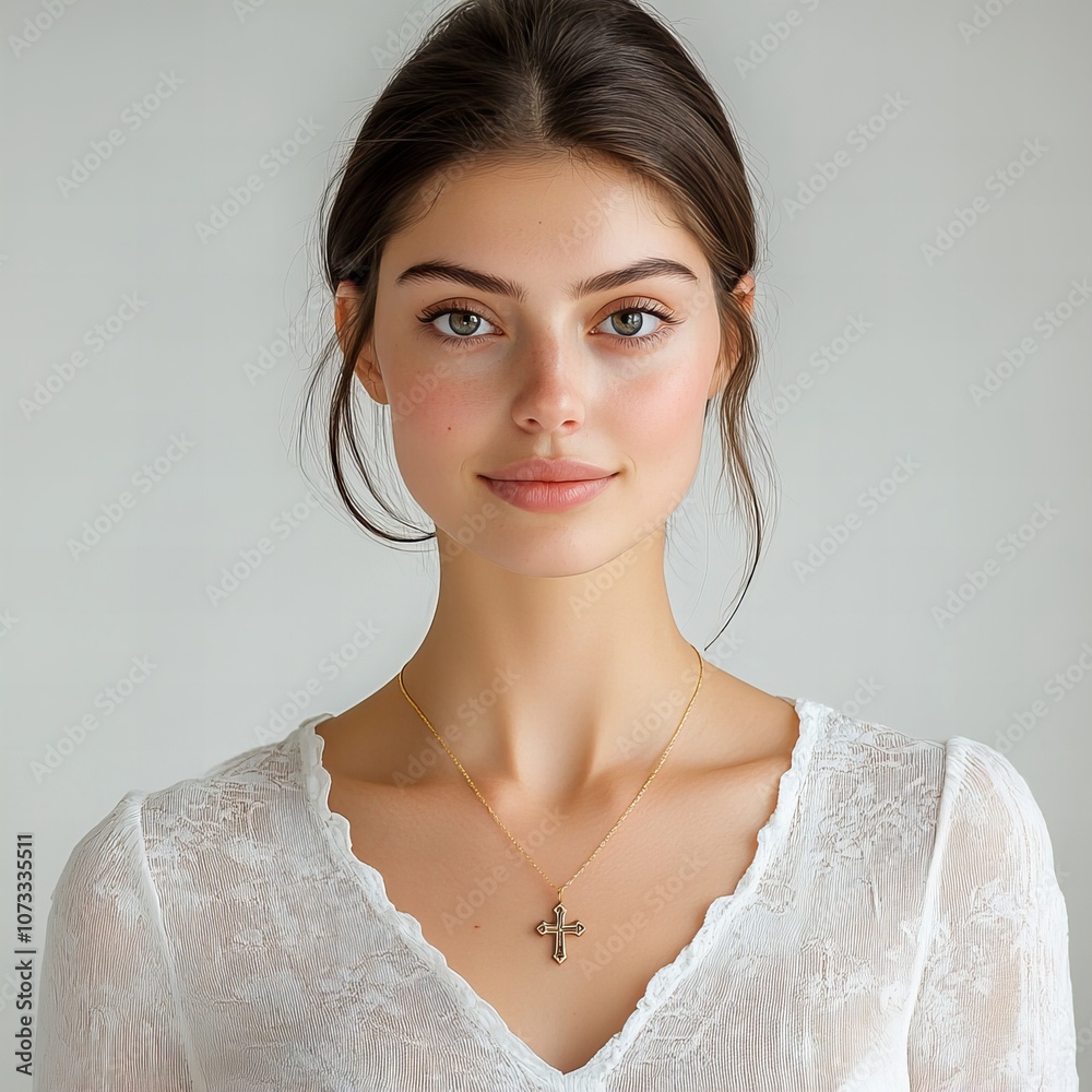 studio portrait of a woman wearing necklace with a cross, isolated on white background studio portrait of a woman wearing necklace with a cross, isolated on white background