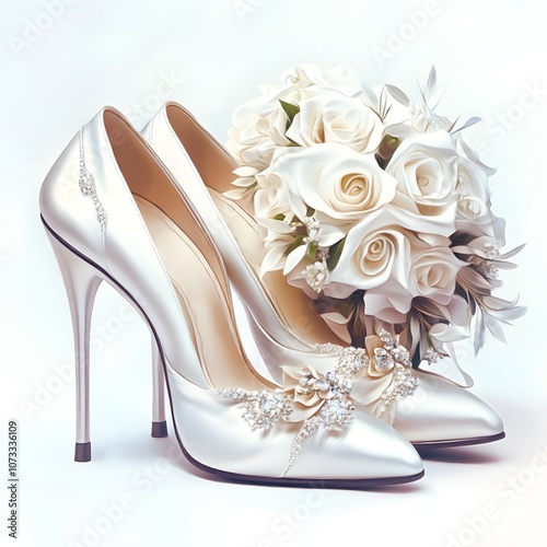 Elegant White Wedding Shoes with Bridal Bouquet