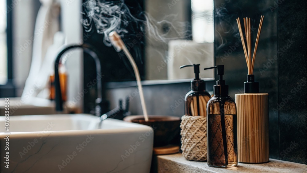 Modern bathroom sink with natural decor and soap dispensers Modern bathroom sink with natural decor and soap dispensers