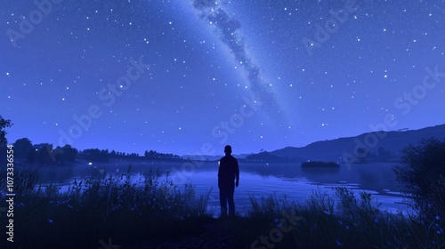 Celestial Silhouette Rippling Radiance, a person standing under a starlit sky, soft celestial light shimmering across a calm lake in front, creating gentle reflections, stars sparkling vividly.