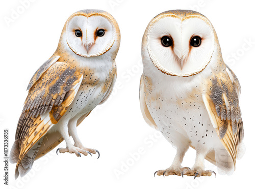 Two barn owls exhibit distinct feather patterns and large, expressive eyes, showcasing their unique and captivating beauty.