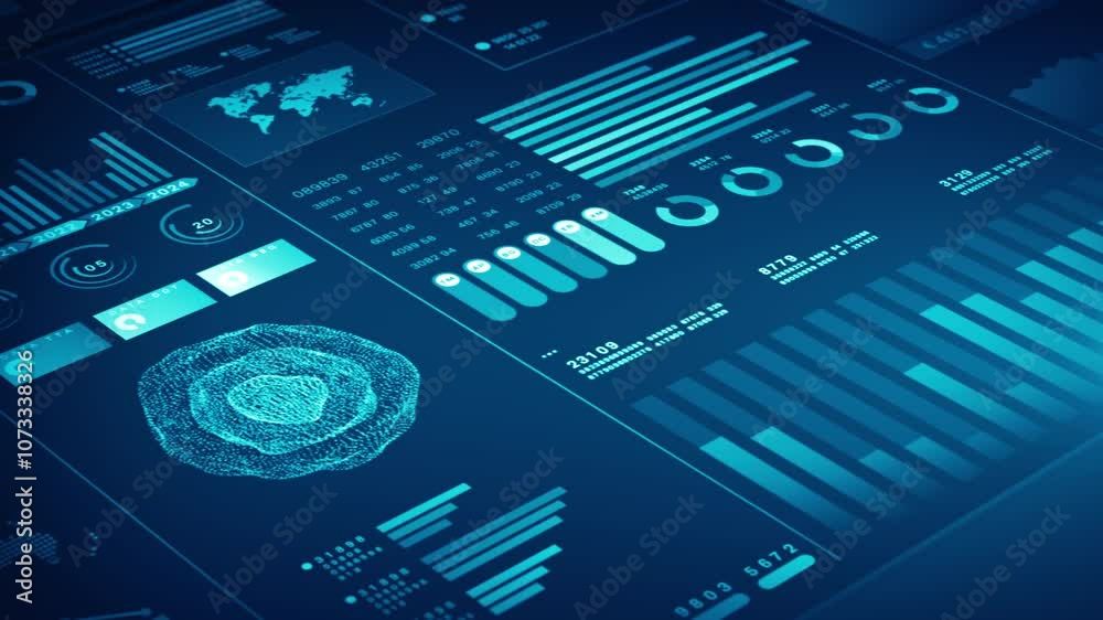 Blue data analytics interface showcasing various charts, graphs, and 3D visualization elements. Ideal for business intelligence, financial insights, Technology and financial Investment background 4k