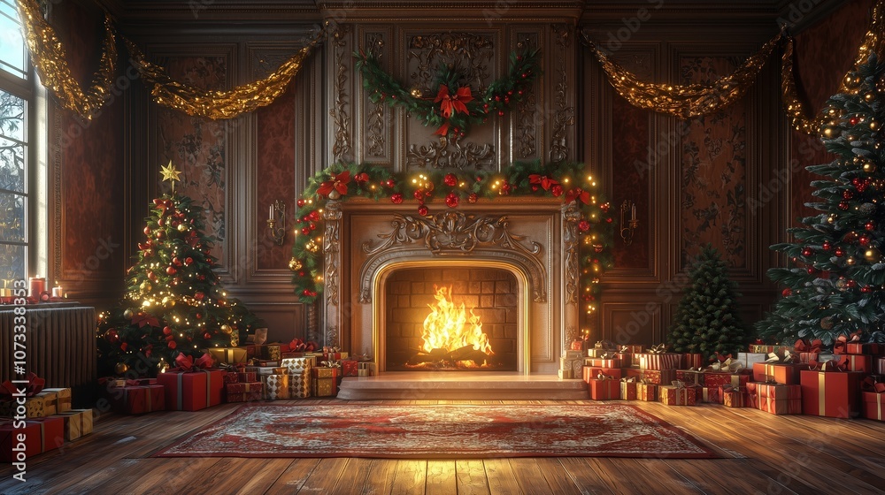 custom made wallpaper toronto digitalA cozy, festive room decorated with Christmas trees, presents, and a glowing fireplace, creating a warm holiday atmosphere.