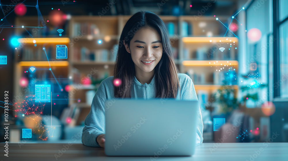 Happy Asian woman in an MBA program working remotely from her home office, engaged in online learning on a laptop, surrounded by materials related to big data Happy Asian woman in an MBA program working remotely from her home office, engaged in online learning on a laptop, surrounded by materials related to big data