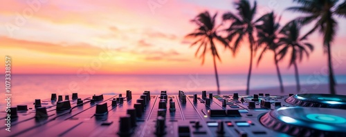 A vibrant sunset over the ocean, with palm trees silhouetted and a DJ mixer in the foreground, creating a tropical party vibe.