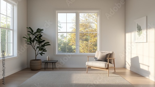A serene living room scene featuring a comfortable chair, a small table, and natural light streaming through large windows.
