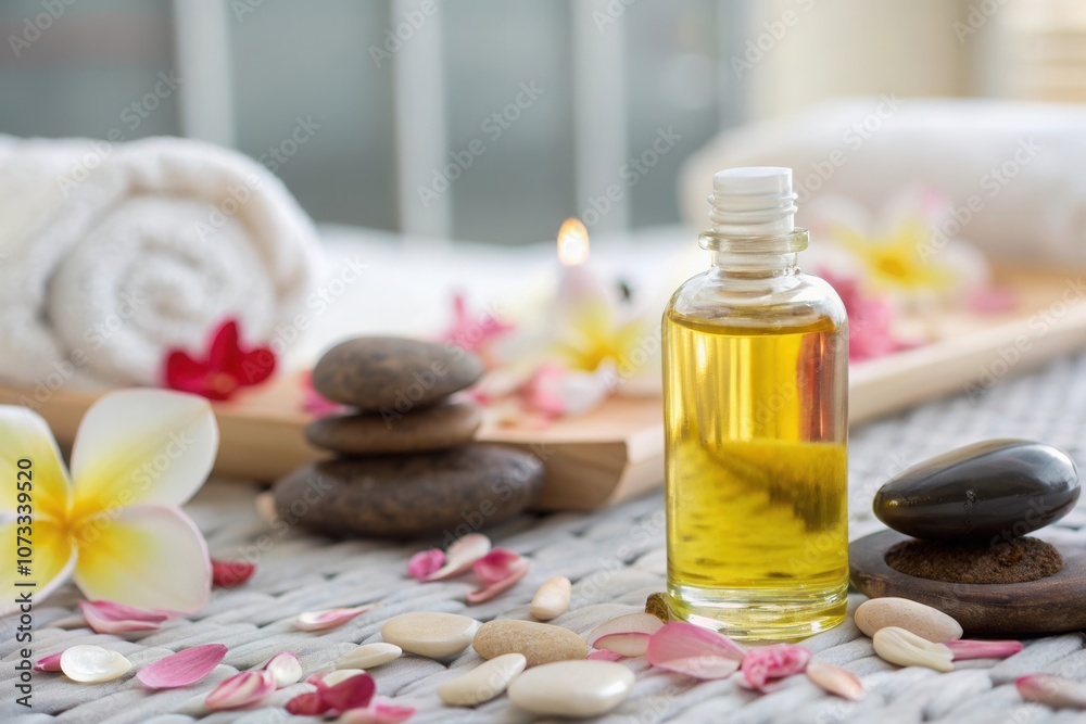 A calming spa environment features a bottle of essential oil surrounded by smooth stones and vibrant flower petals, creating a serene atmosphere perfect for relaxation and self care treatments in a so A calming spa environment features a bottle of essential oil surrounded by smooth stones and vibrant flower petals, creating a serene atmosphere perfect for relaxation and self care treatments in a so
