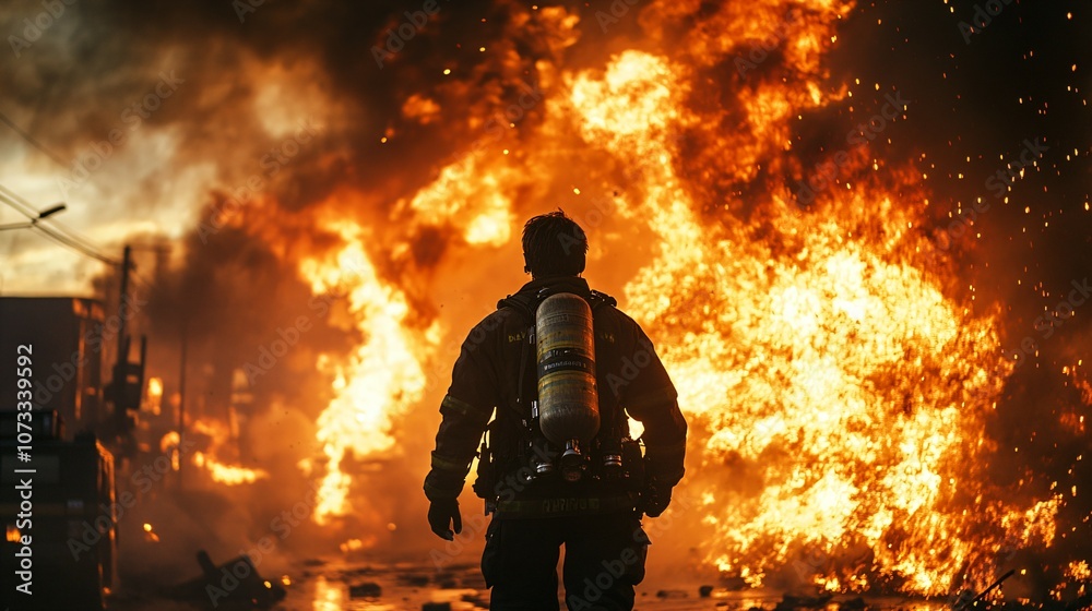One firefighter, a man on fire, a view from the back, against the background of a burning fire in a fire One firefighter, a man on fire, a view from the back, against the background of a burning fire in a fire