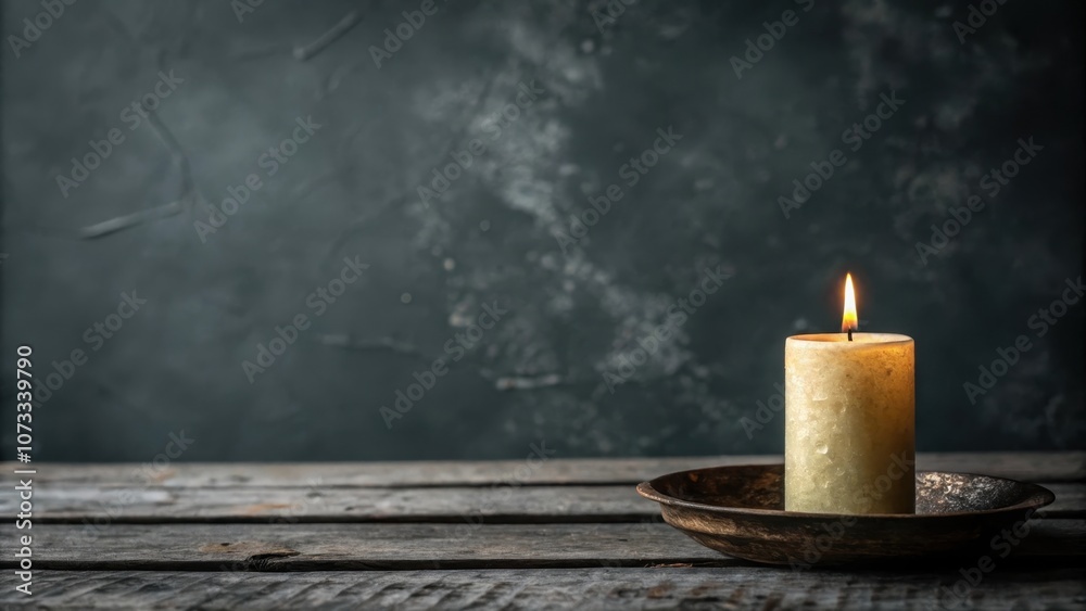 A single candle flame illuminates the darkness, casting a warm glow on a rustic wooden surface, inviting contemplation and a moment of peace.