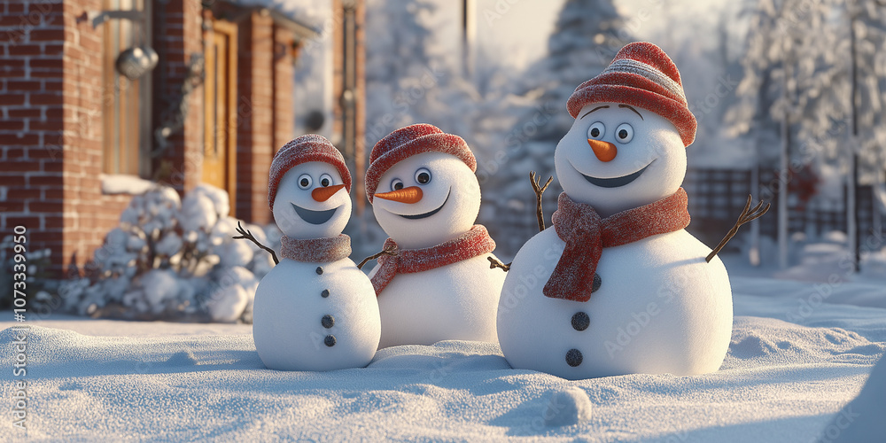Obraz premium A family of snowmen smile with scarves and hats, standing in a snowy yard 3D Illustration