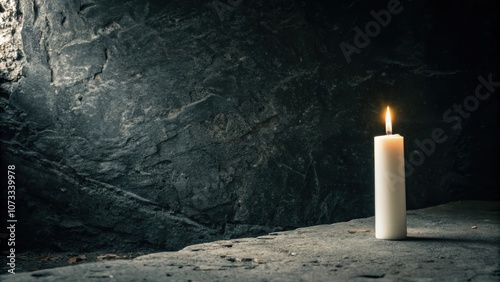 A single burning candle sits on a rough stone surface, bathed in a soft, warm glow, against a dark, textured background.