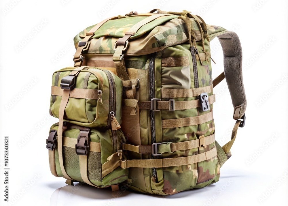Military Rucksack Isolated on White Background - Durable Travel Bag for Hiking, Camping, and Outdoor Adventures | High Depth of Field Photography Military Rucksack Isolated on White Background - Durable Travel Bag for Hiking, Camping, and Outdoor Adventures | High Depth of Field Photography