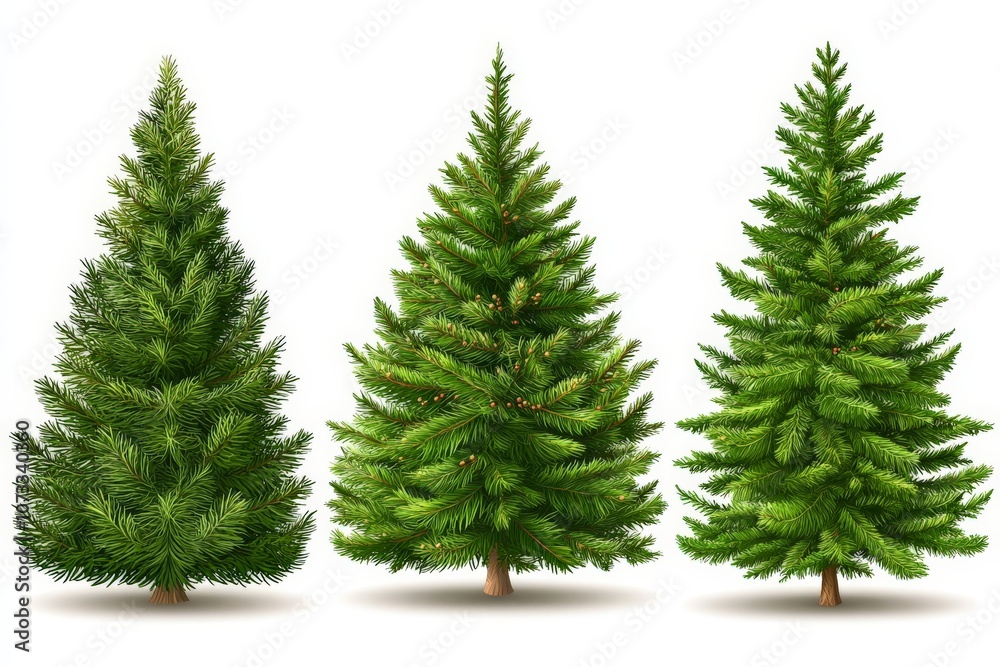Three green pine trees with lush branches symbolizing natural holiday charm set on a clean white background capturing the simplicity of Christmas greenery Three green pine trees with lush branches symbolizing natural holiday charm set on a clean white background capturing the simplicity of Christmas greenery