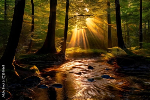 sunbeams filtering through a forest canopy golden rays of sunlig photo