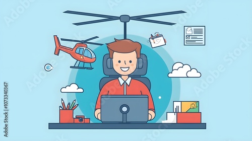 Man Working At Desk With Helicopter Above Him