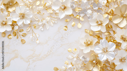 Fototapeta Naklejka Na Ścianę i Meble -  blossom flowers blooming floral festive bouquet wall fashion golden silver white background. 3D fashion pastel beautiful card wallpaper
