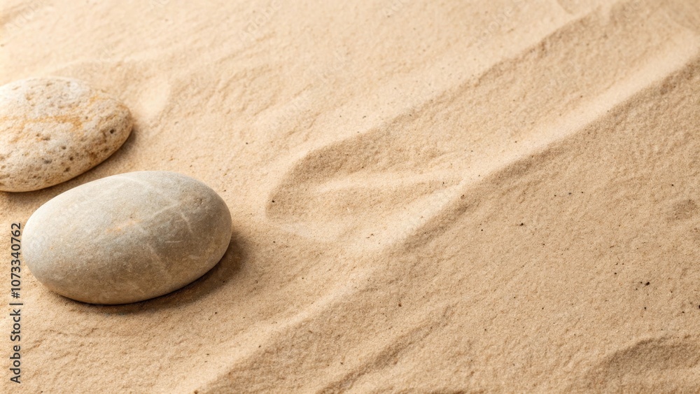 Two smooth, round stones resting on a bed of soft, pale sand, creating a minimalist, Zen-like scene. Two smooth, round stones resting on a bed of soft, pale sand, creating a minimalist, Zen-like scene.