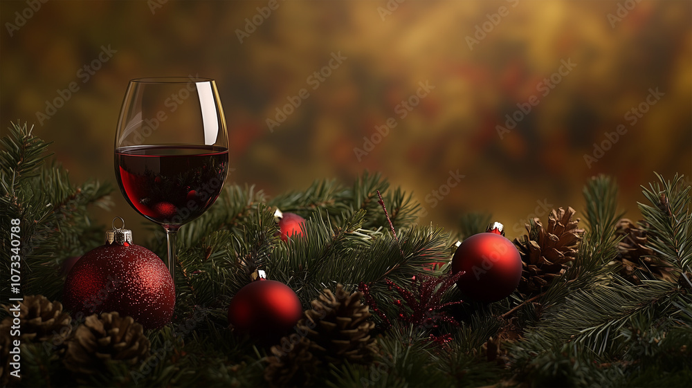 クリスマス装飾と赤ワイングラスのフェスティブシーン クリスマス装飾と赤ワイングラスのフェスティブシーン