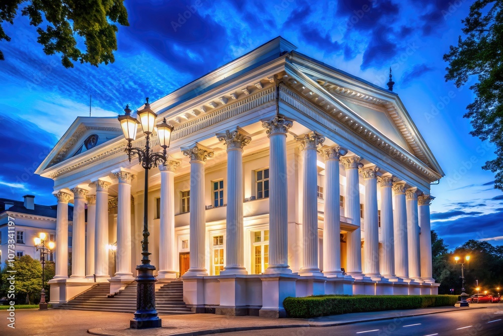 Obraz premium Night Photography of a Neoclassical White Building with Columns, Illuminated Facade, Architectural Details, Urban Scene, Classic Design, Beautiful Night Sky, Historic Architecture, City Landscape