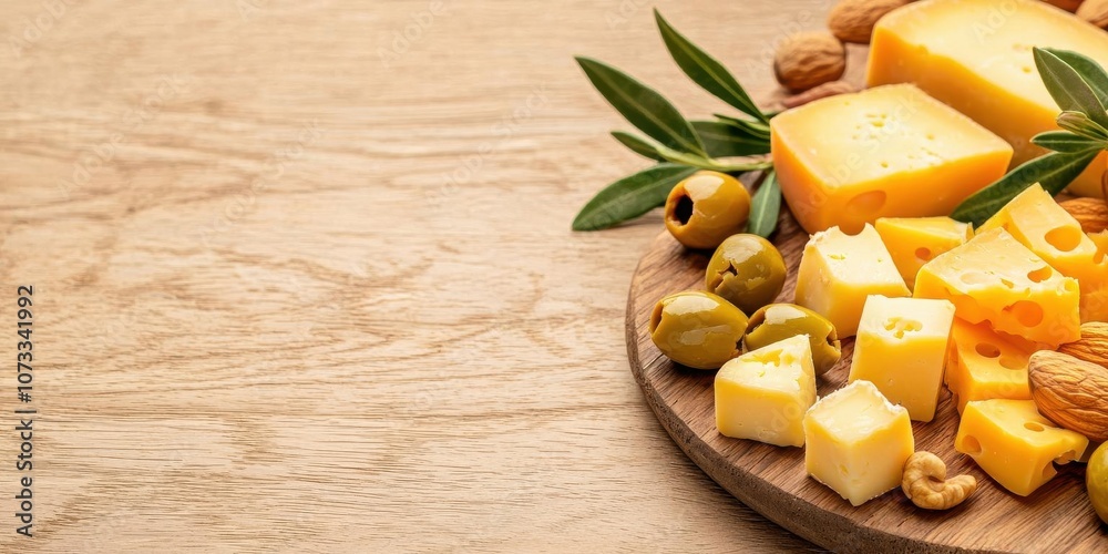 Rustic wooden board with cheese dices, slices, olives, and nuts, perfect appetizer setup Rustic wooden board with cheese dices, slices, olives, and nuts, perfect appetizer setup