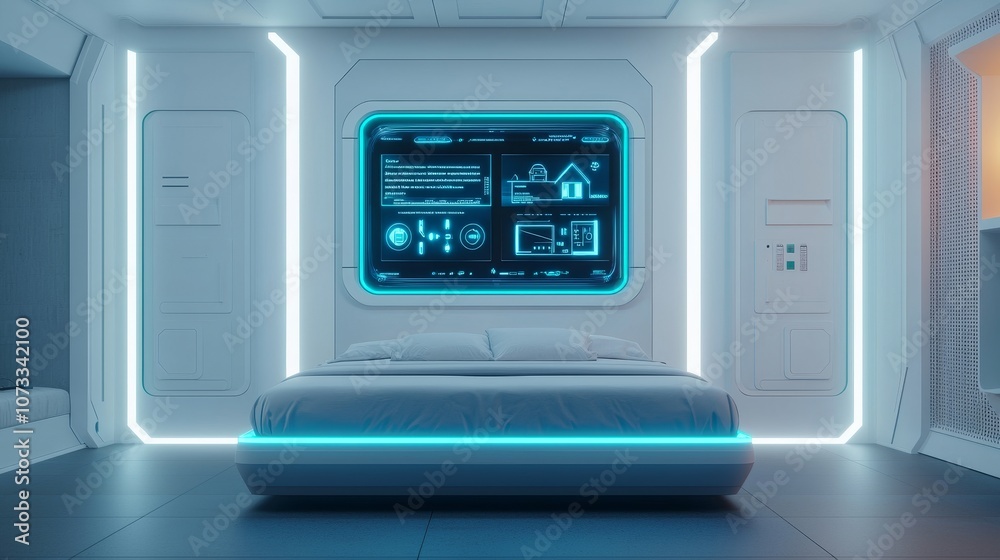 Futuristic bedroom design featuring a sleek bed and advanced control panel for a modern lifestyle. Futuristic bedroom design featuring a sleek bed and advanced control panel for a modern lifestyle.