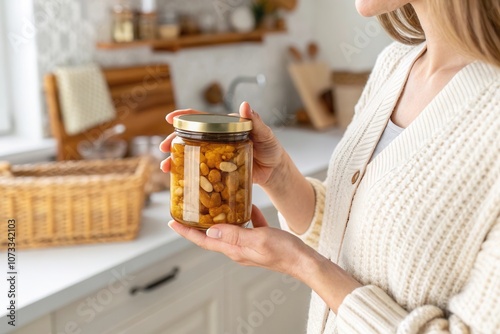 A woman stands in a well lit kitchen, holding a jar filled with colorful preserved fruits. The cozy atmosphere is enhanced by wooden accents and a woven basket nearby, suggesting a time of cooking or  photo