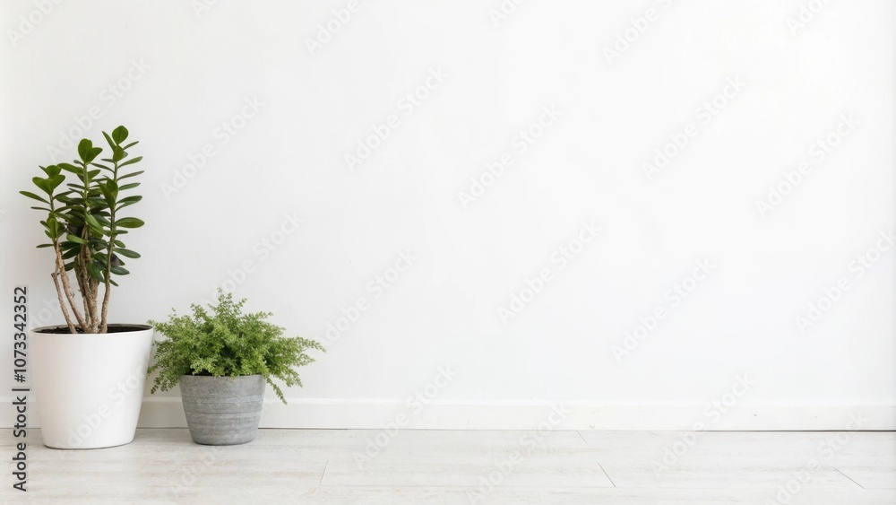 Fototapeta premium A simple interior design with potted plants against a pristine white wall, showcasing a clean and minimalist aesthetic.