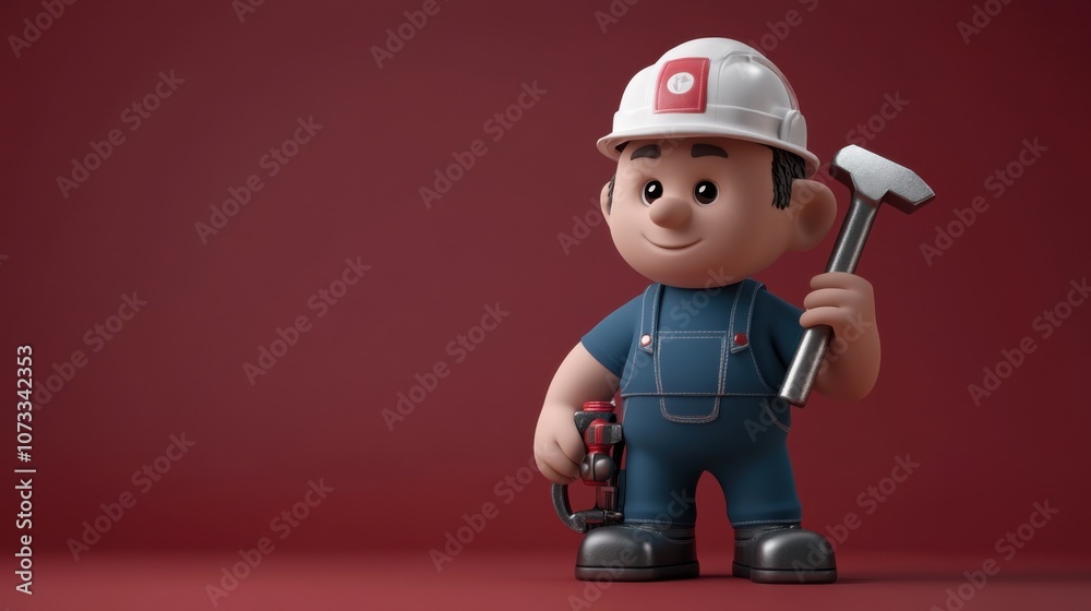 Obraz premium Cute Cartoon Construction Worker with Hammer and Tool Belt