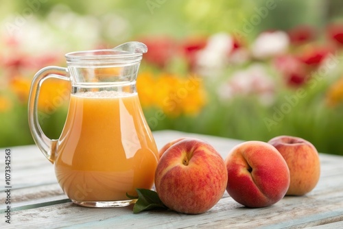 A glass pitcher filled with fresh peach juice sits on a rustic table alongside ripe peaches. The vibrant garden blooms with colorful flowers in the background, creating a cheerful and inviting atmosph photo