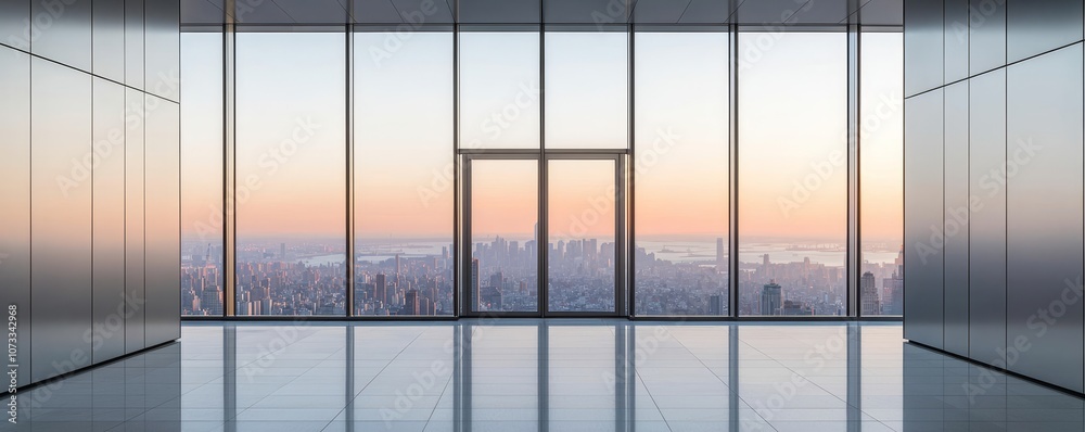 Fototapeta premium A modern office space showcasing large glass windows that reveal a stunning city skyline at sunrise.