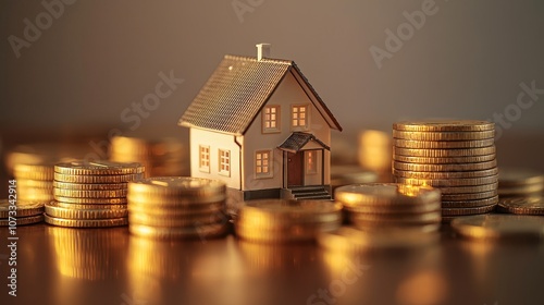 A miniature house surrounded by gold coins symbolizes real estate investment and financial growth in the housing market. photo