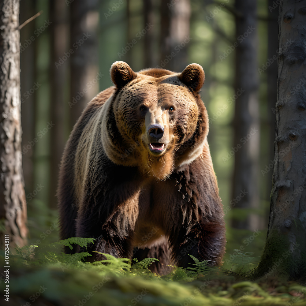 Majestic Brown Bear in Forest Close-Up, Making Direct Eye Contact Amid Dense Trees Majestic Brown Bear in Forest Close-Up, Making Direct Eye Contact Amid Dense Trees