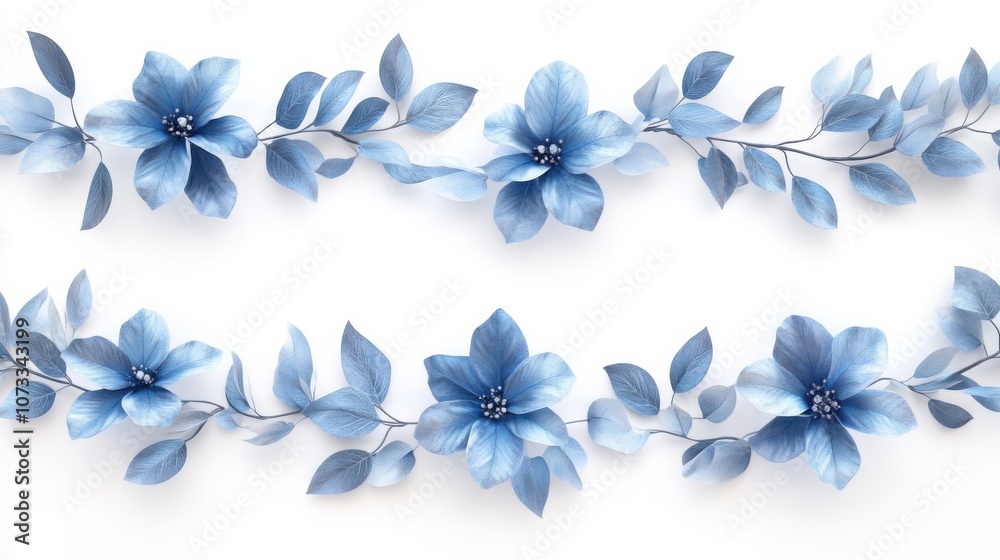 Obraz premium Blue Flowers and Leaves on White Background: A Floral Arrangement