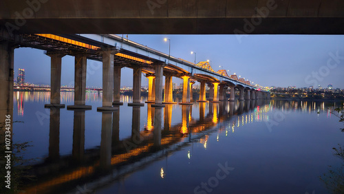 Photography 서울의 한강에서 조명이 켜진 교량과 가로등이 있는 도시야경 모습
