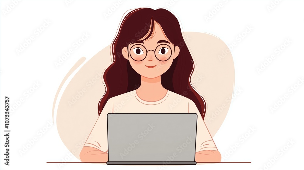 Young woman with glasses working on a laptop, engaged in a quiet workspace. Young woman with glasses working on a laptop, engaged in a quiet workspace.