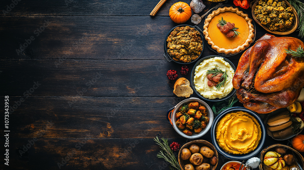 Panoramic top-down shot of a Thanksgiving dinner on a dark wooden background, highlighted by a double border Panoramic top-down shot of a Thanksgiving dinner on a dark wooden background, highlighted by a double border