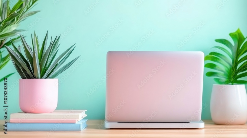 Sleek laptop on a desk with vibrant plants and pastel decor, AI Sleek laptop on a desk with vibrant plants and pastel decor, AI