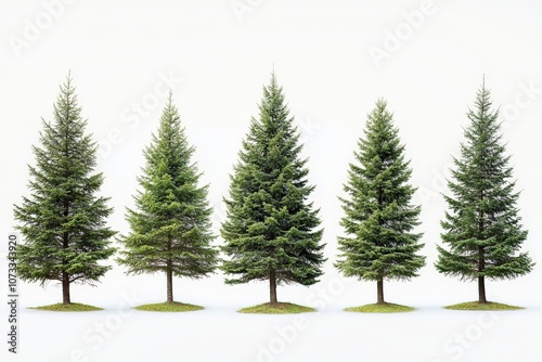 Four evenly spaced Christmas trees on a white background representing symmetry and simplicity adding a minimalist holiday aesthetic to decor