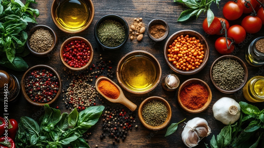 A variety of spices, herbs, and vegetables arranged in bowls on a wooden table. A variety of spices, herbs, and vegetables arranged in bowls on a wooden table.