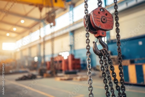 A close up view of a red crane hook and pulley, hanging from a chain, inside a spacious warehouse. The warm daylight flooding through large windows highlights the industrial setting filled with machin photo