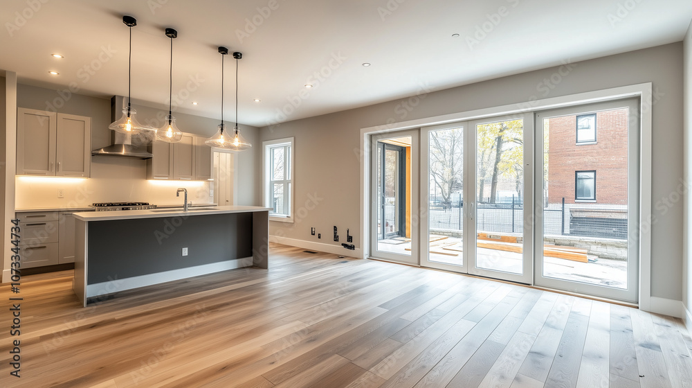Obraz premium Spacious open-plan kitchen and dining area after a modern renovation.