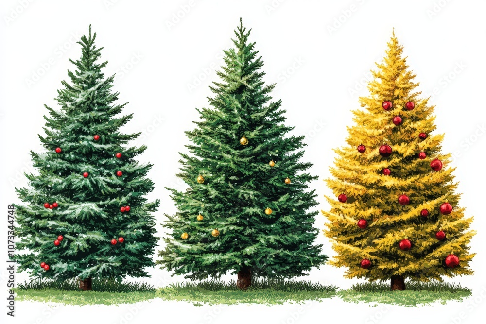 Fototapeta premium Trio of colorful Christmas trees including a vibrant gold one showcasing diverse decorations and holiday styles in a bright minimalist setting