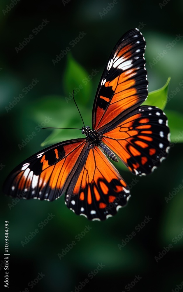 Fototapeta premium A vibrant orange butterfly with black patterns rests on lush green leaves, showcasing nature's beauty and elegance.