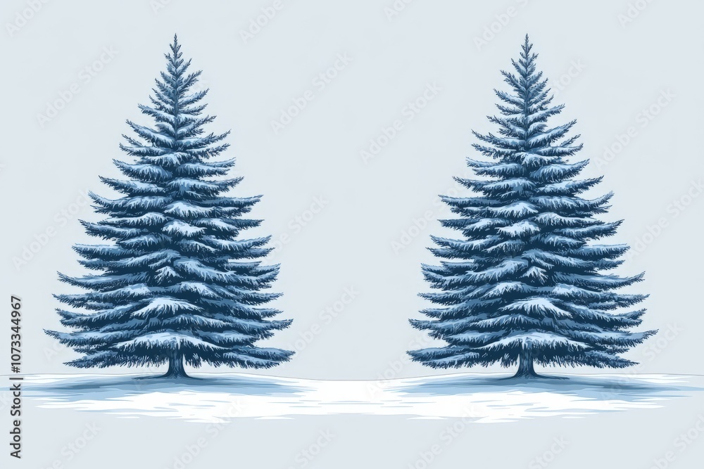 Obraz premium Pair of blue tinted Christmas trees in a snow covered field creating a serene and minimalist holiday landscape with frosty charm