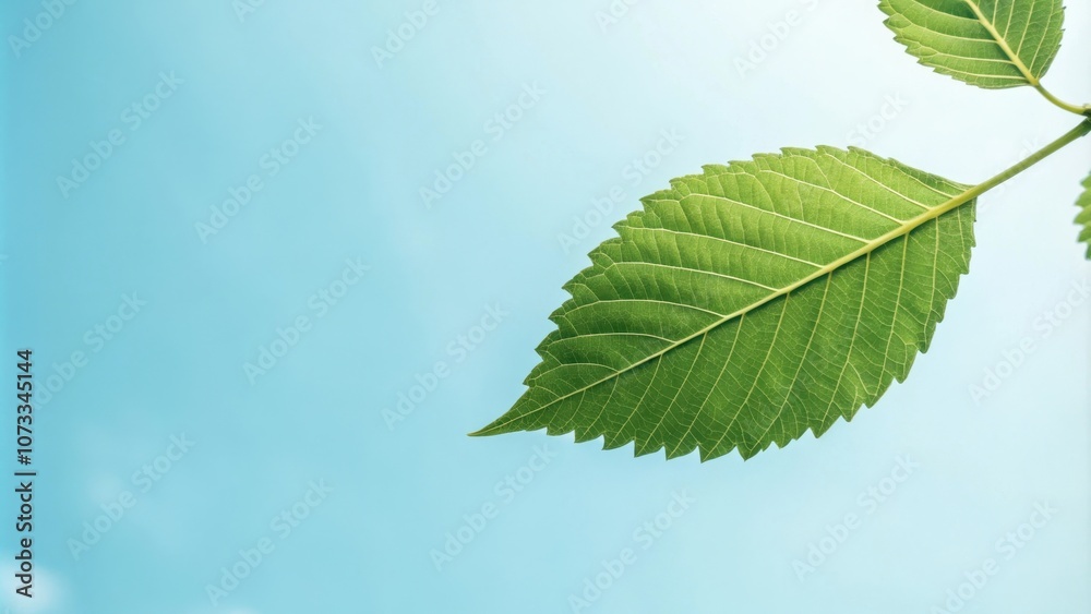 A single green leaf with intricate veins against a soft blue sky, showcasing the beauty of nature's simplicity.