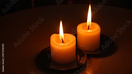 Two burning candles in darkness