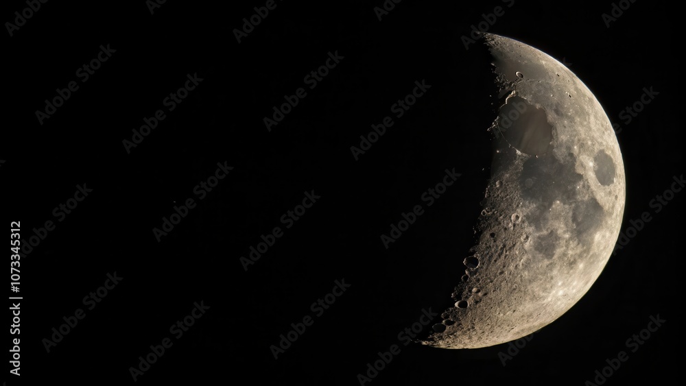 A crescent moon in the night sky, illuminated by the sun, revealing a surface dotted with craters and a dark, smooth sea A crescent moon in the night sky, illuminated by the sun, revealing a surface dotted with craters and a dark, smooth sea