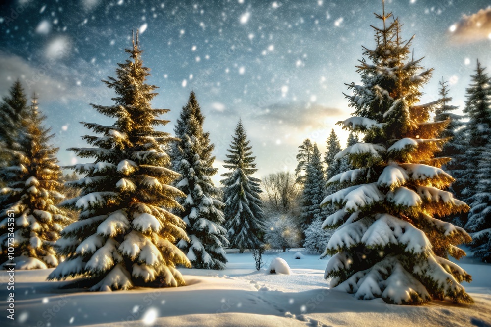 christmas tree in snow, interior christmas. magic glowing tree.