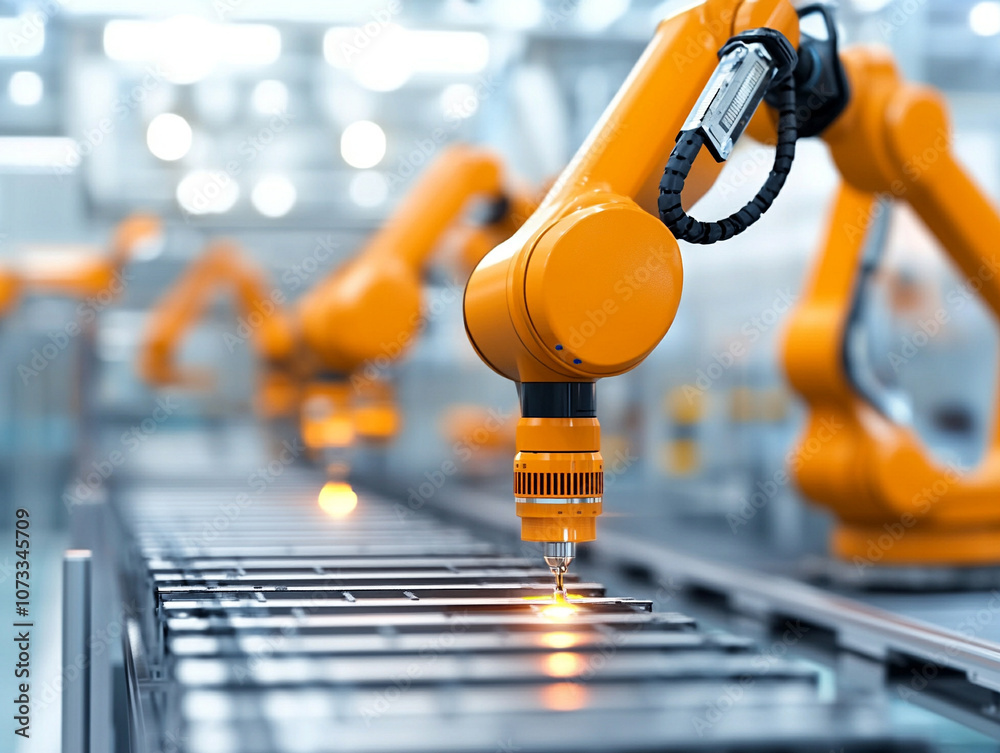 Industrial robotic arms working on a high-tech production line in a factory. Industrial robotic arms working on a high-tech production line in a factory.