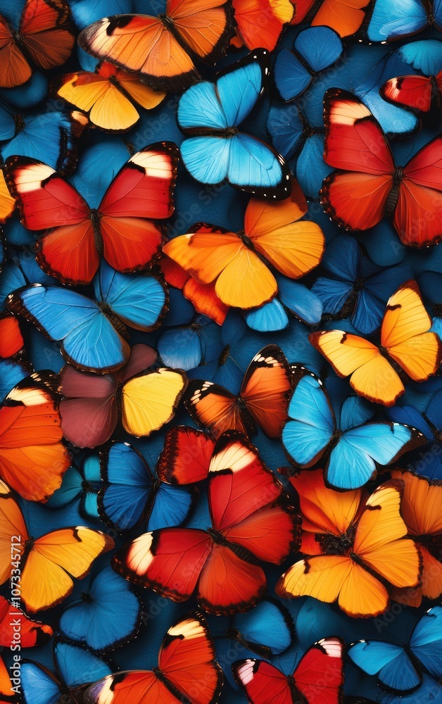 Naklejka premium A vibrant pattern of butterflies in blue, orange, and red, creating a visually stunning and colorful composition.